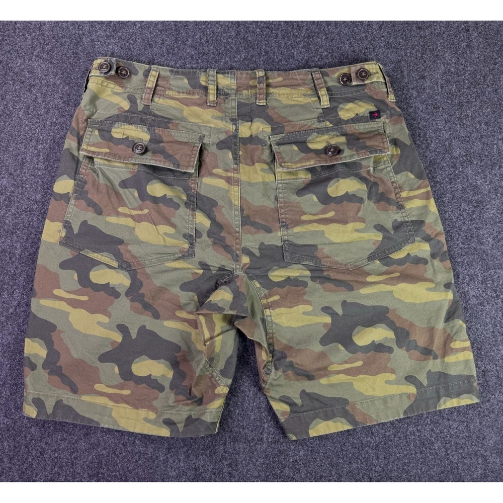 Relwen Green Brown Camo Flyweight Flex Chino Shorts Mens 32x8" Snap Flat Front